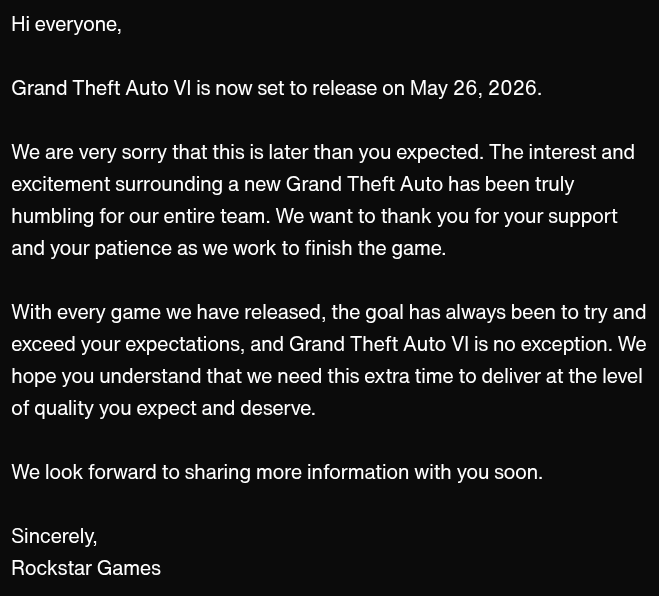 Rockstar announcement GTA VI, GTA 6 delay, GTA VI release date